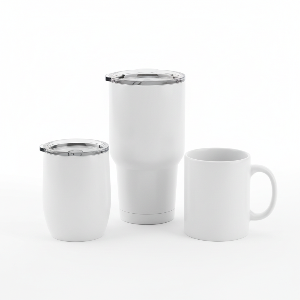 20oz stainless steel tumbler, 11oz tumbler, and 11oz ceramic mug