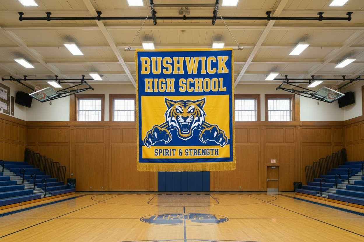Bushwick High School banner with tiger mascot
