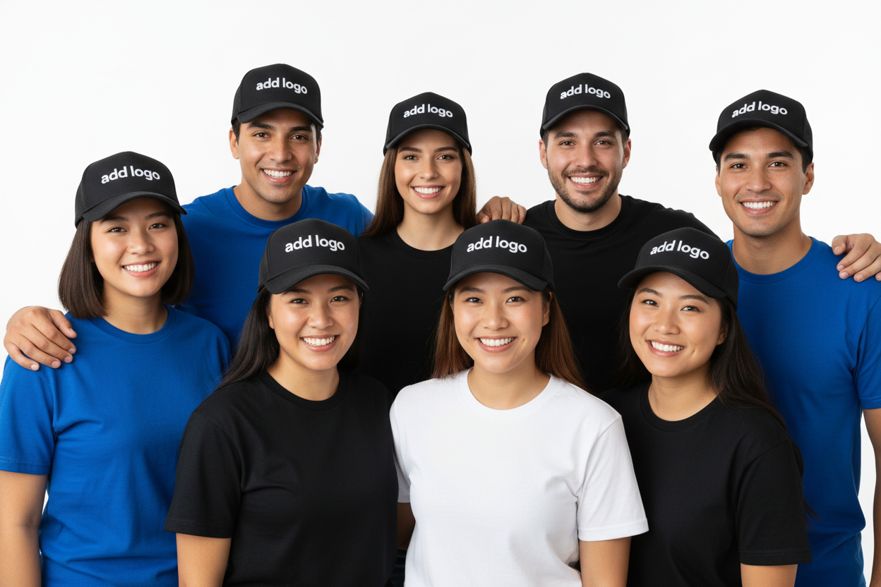 Diverse group of eight in mixed color shirts with add logo on hats, no frame