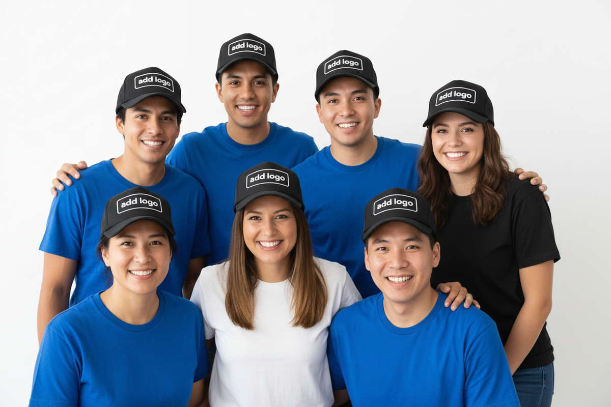 Diverse group of eight including Hispanic people in mixed color shirts with add logo on hats