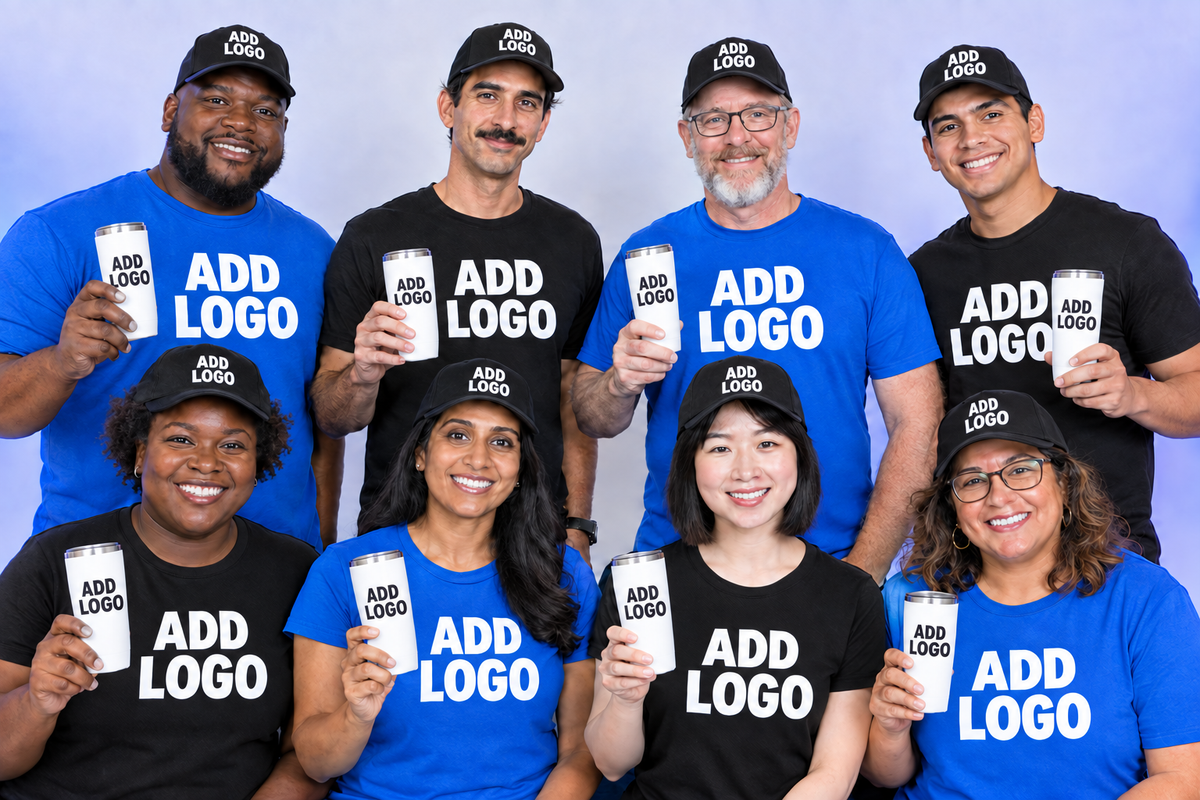 Diverse group with Add Logo shirts, hats, and tumblers