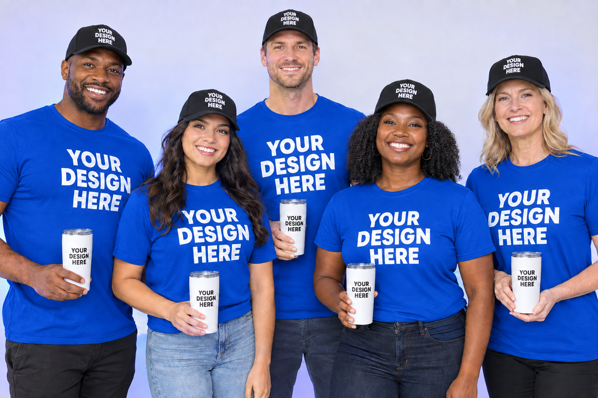 Five people in royal blue shirts with matching hats and white tumblers