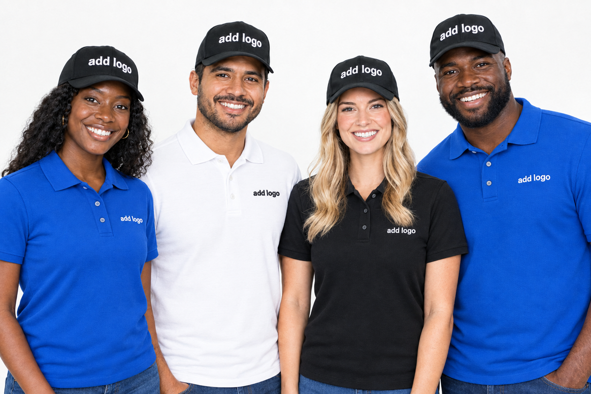 Four people wearing polos with embroidered add logo lettering and matching black hats