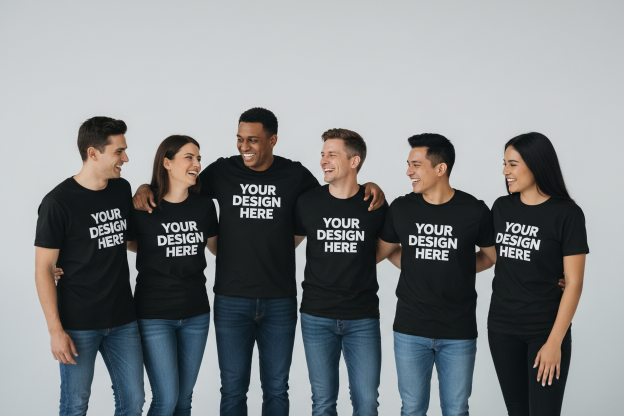 Group of people wearing black shirts with your design here in white