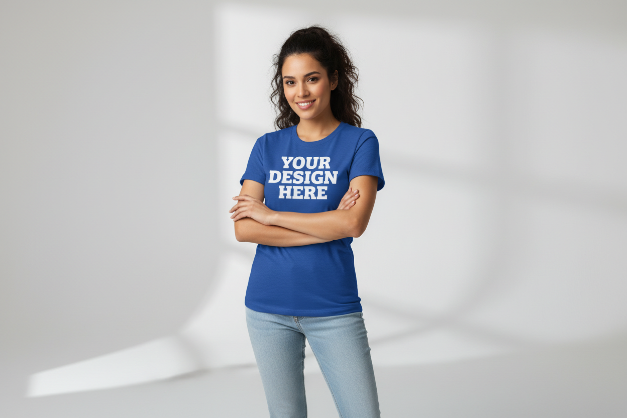 Latina woman wearing royal blue shirt with Your Design Here in white