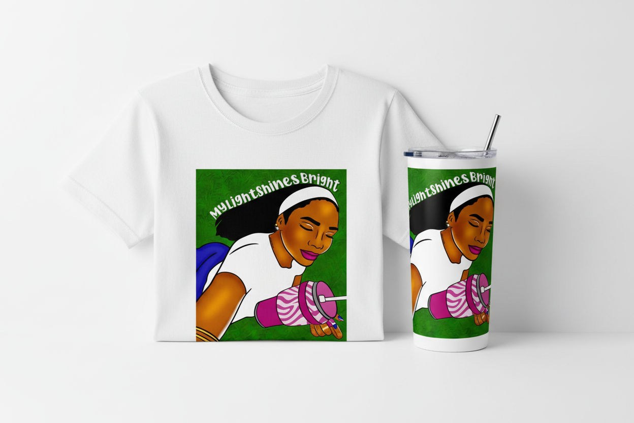 MyLightShinesBright design on t-shirt and tumbler together