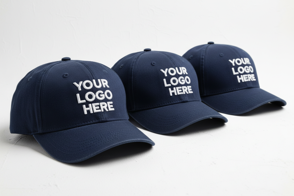 Navy blue caps with white YOUR LOGO HERE embroidery