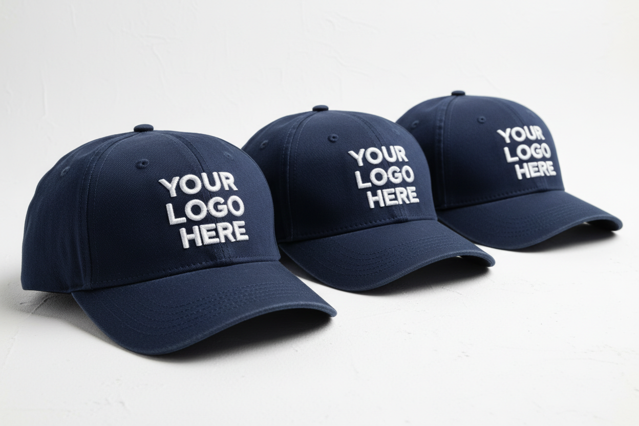 Navy blue caps with white YOUR LOGO HERE embroidery