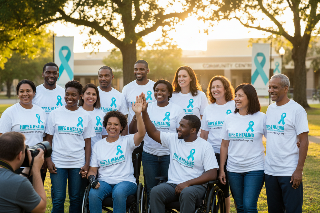 People wearing awareness campaign shirts