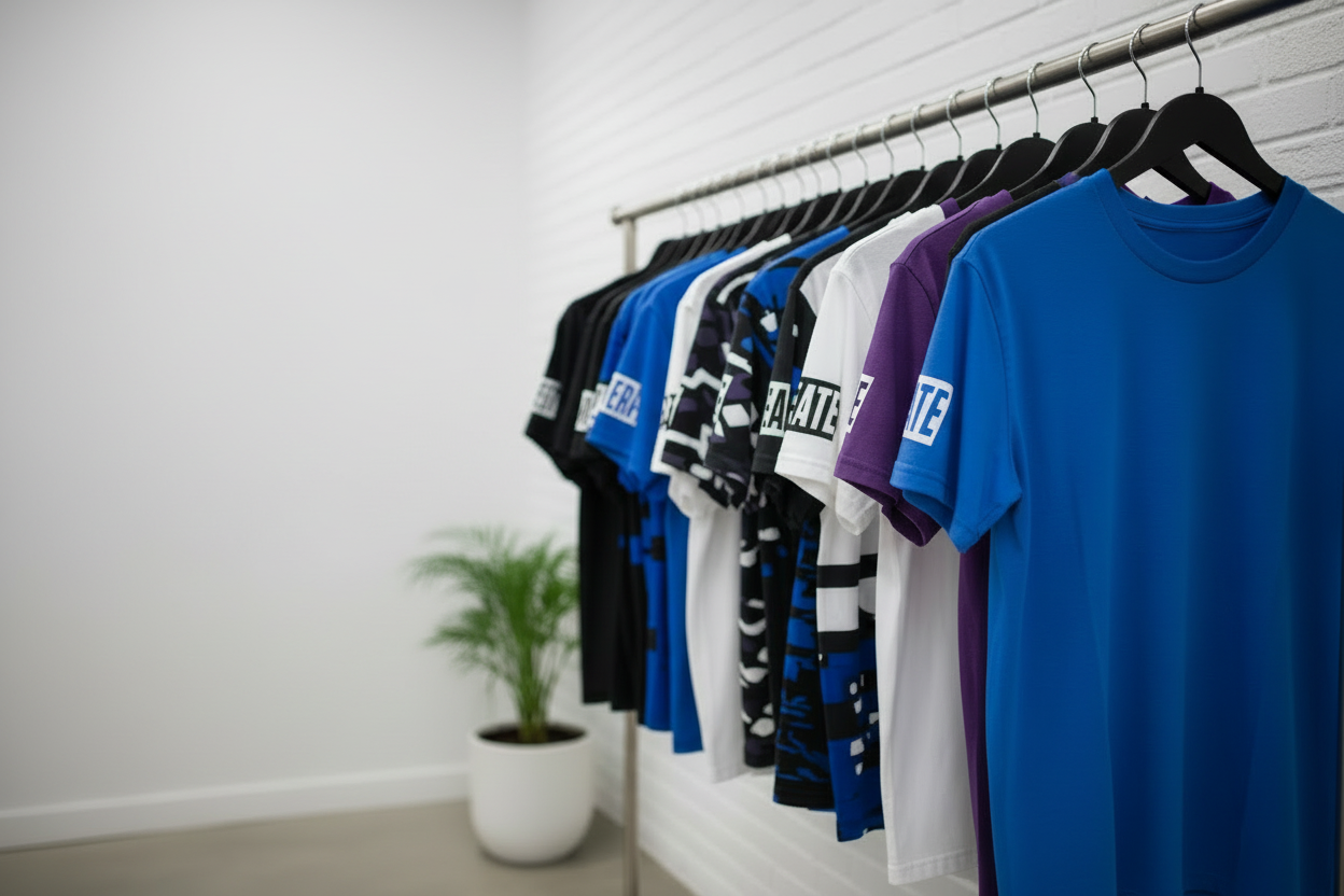 Plain t-shirts on rack - no text