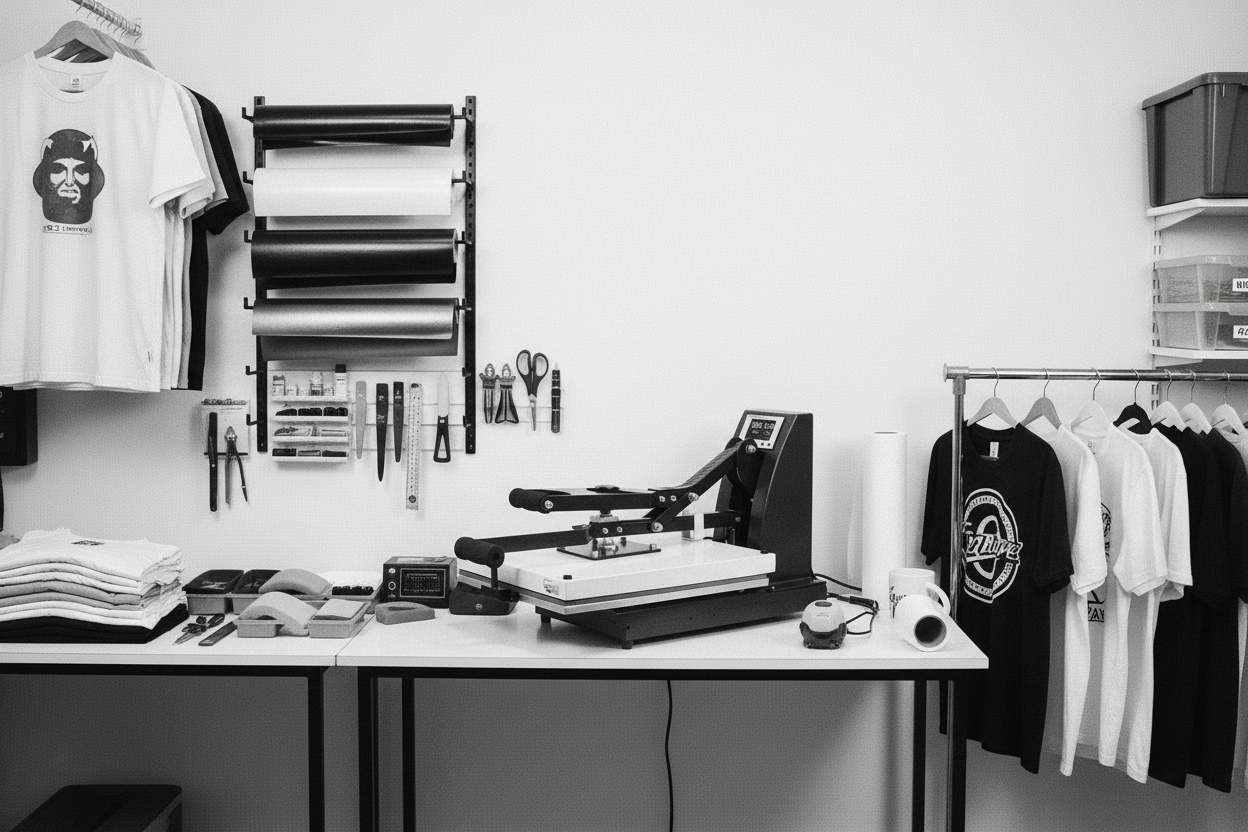 Professional heat press workstation in black and white