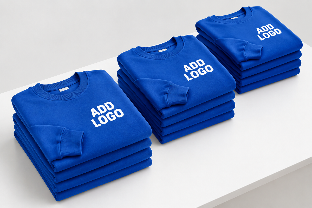 Royal blue crewneck sweatshirt stacks with white Add Logo lettering