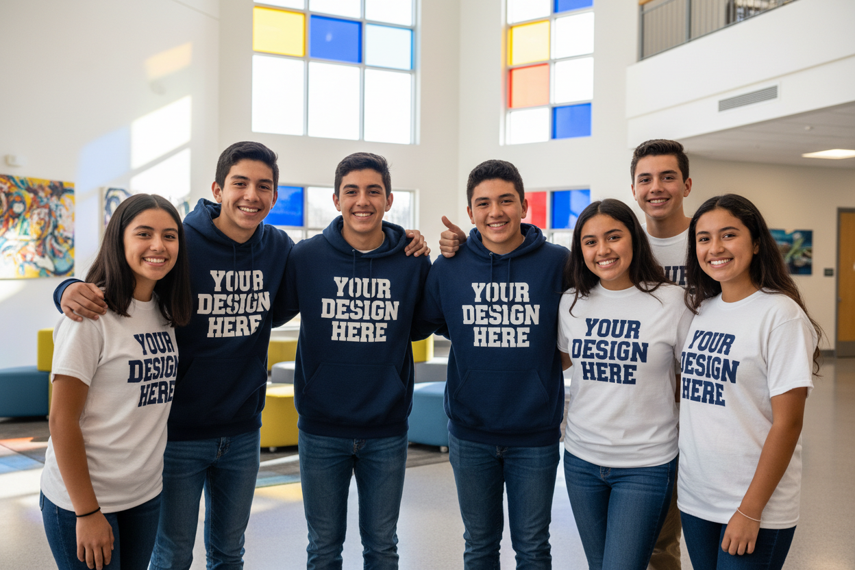 Students with complete YOUR DESIGN HERE text on apparel
