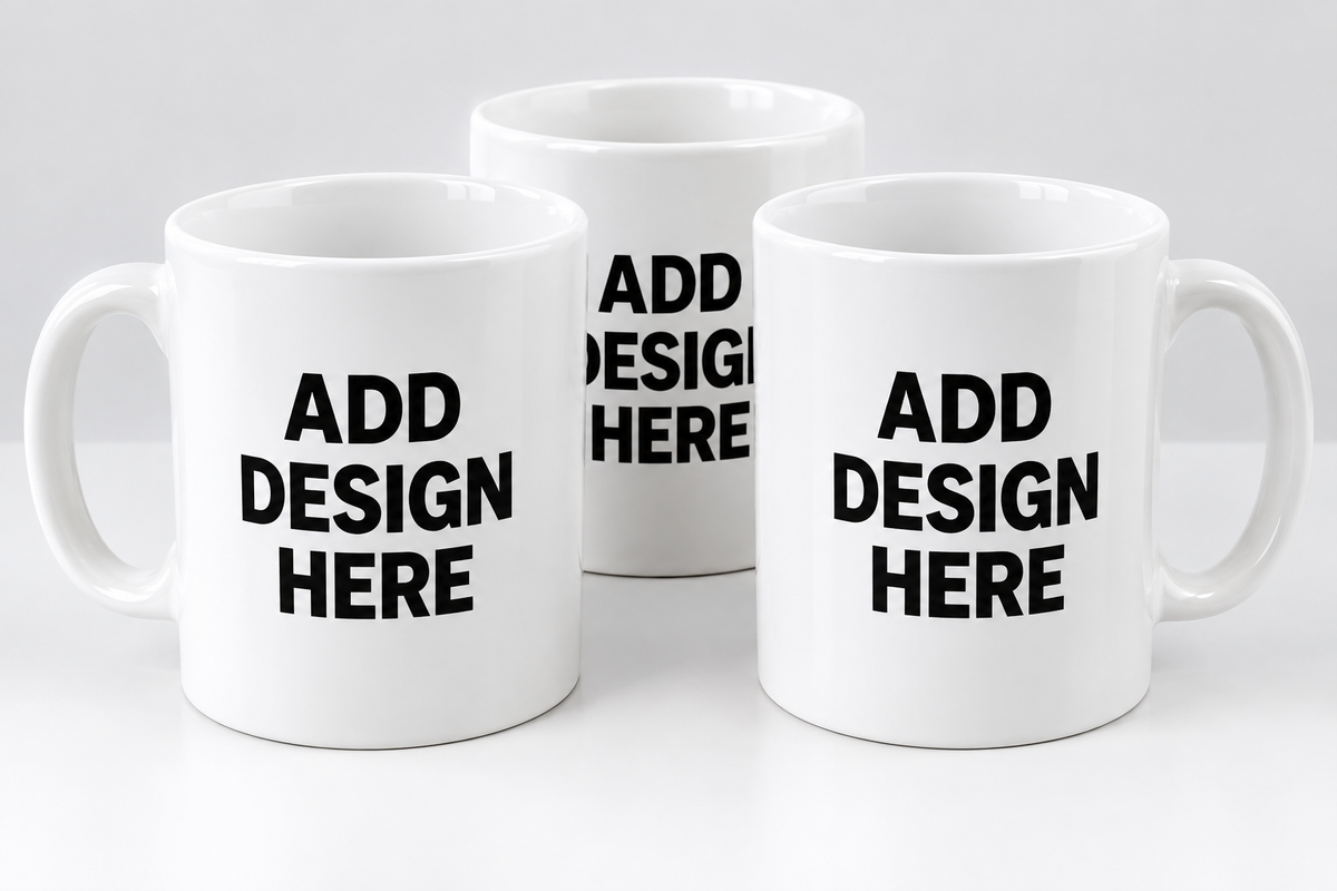 Three closely grouped white Add Design Here mugs