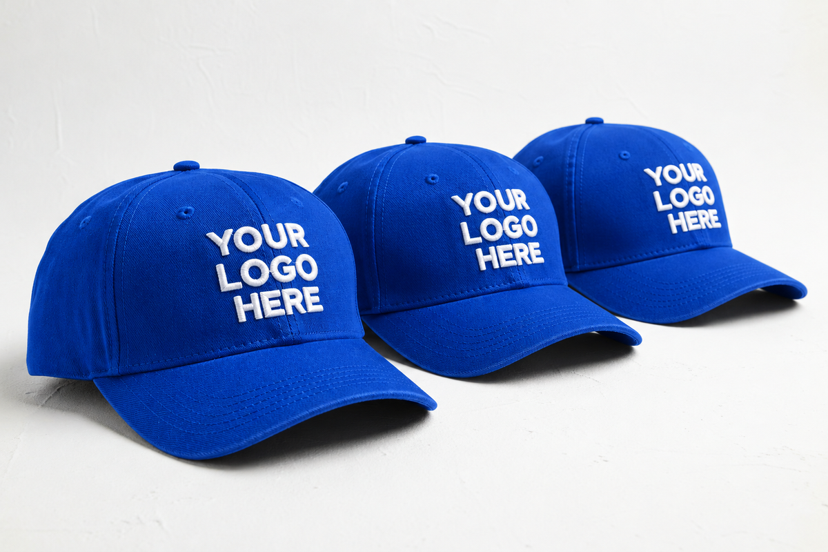 Three royal blue caps with white Your Logo Here embroidery