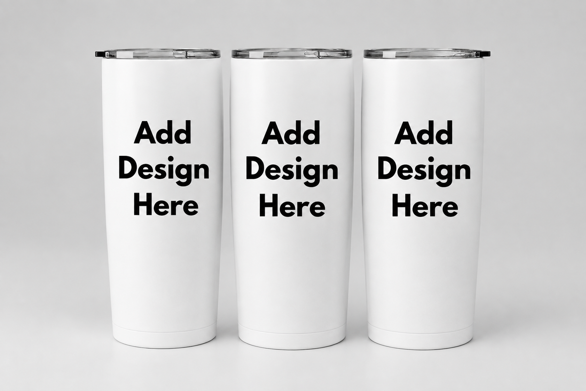 Three white Add Design Here tumblers