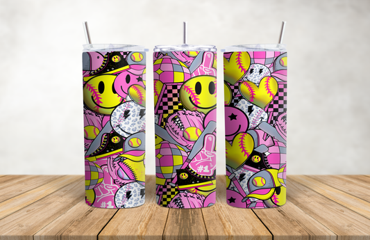 Softball Pink Happy Face 20oz Stainless Steel Tumbler