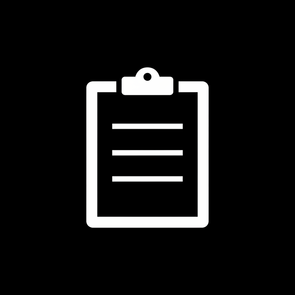 White clipboard icon on black background