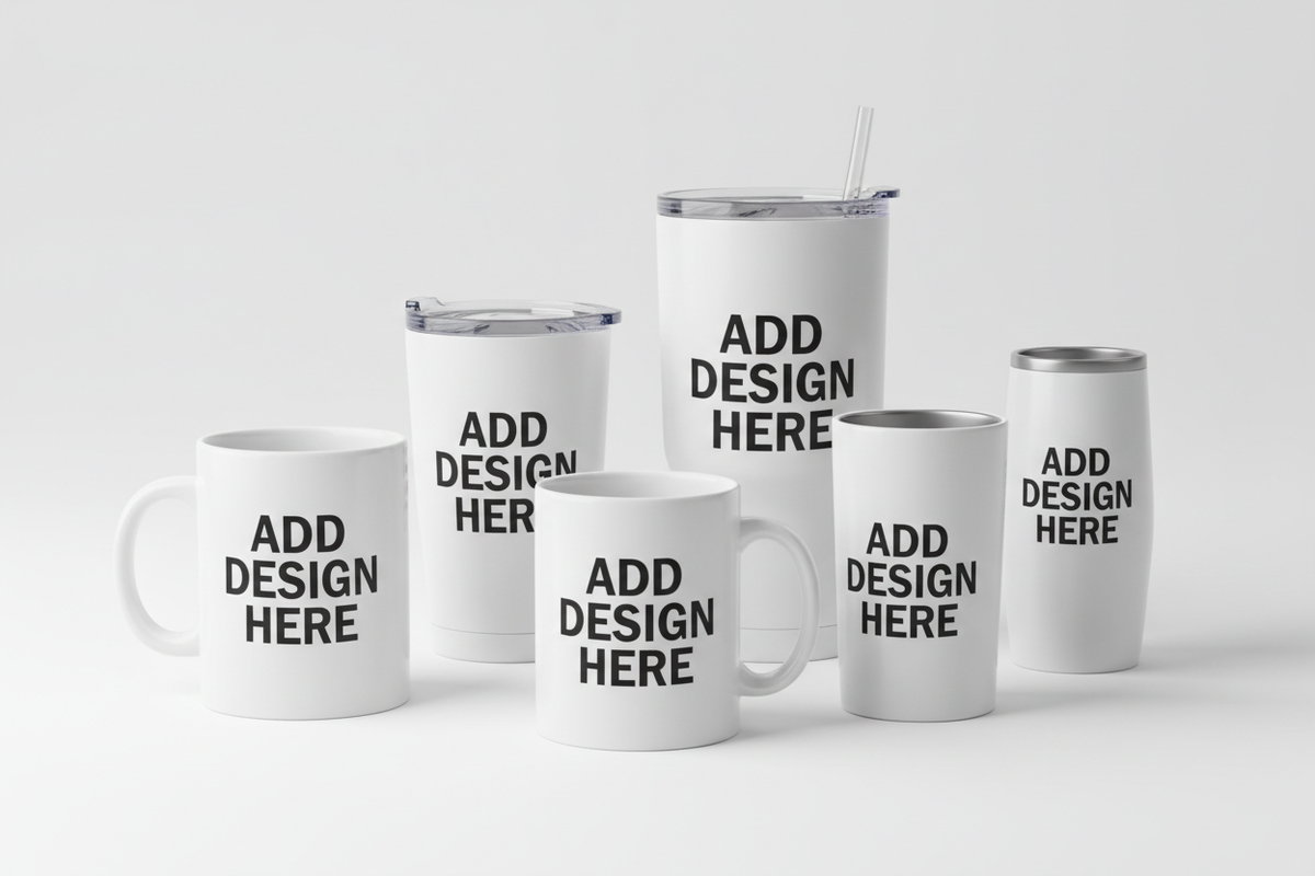 White mugs and white tumblers with add design here text