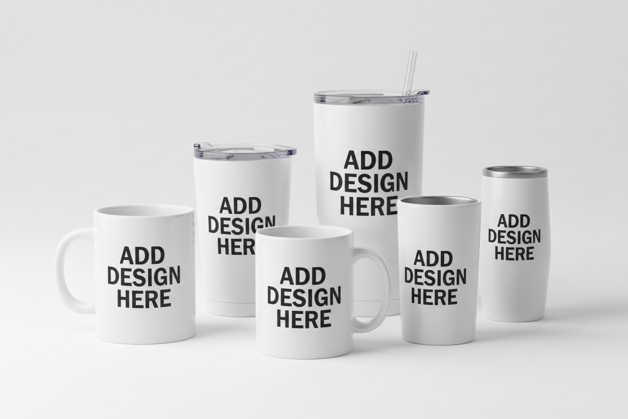 White mugs and white tumblers with add design here text