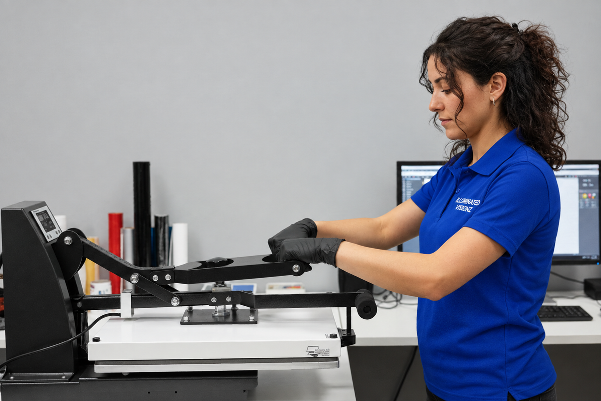 Woman at a heat press wearing a royal blue Illuminated Visionz polo