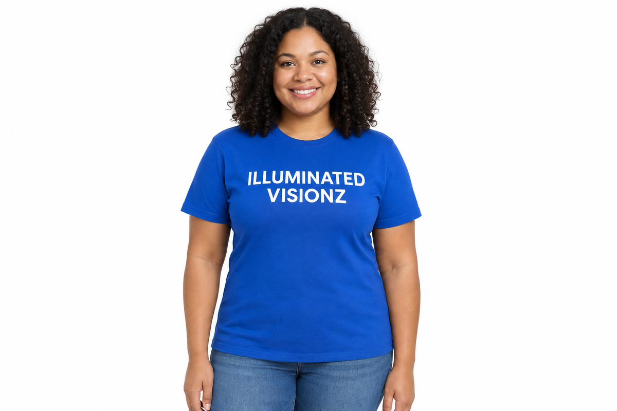 Woman wearing a royal blue Illuminated Visionz shirt